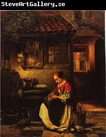 Henri Leys Woman Plucking a Chicken in a Courtyard